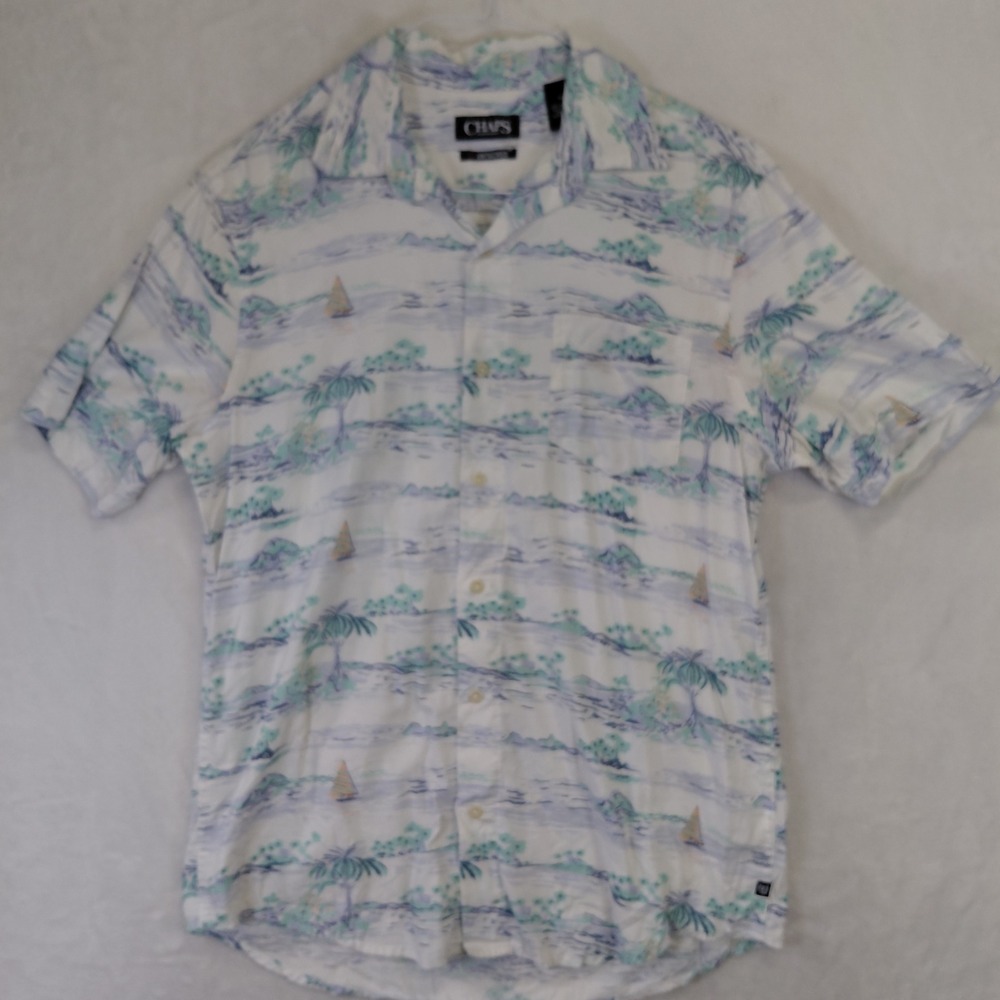 Chaps Mens Go Untucked Short Sleeve Coastal Print Button Down Shirt White Blue M